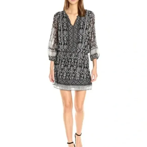 Joie Galene Black White Grey Print 100% Silk Blouson Mini Dress XXS