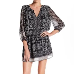 Joie Galene Black White Grey Print 100% Silk Blouson Mini Dress XXS