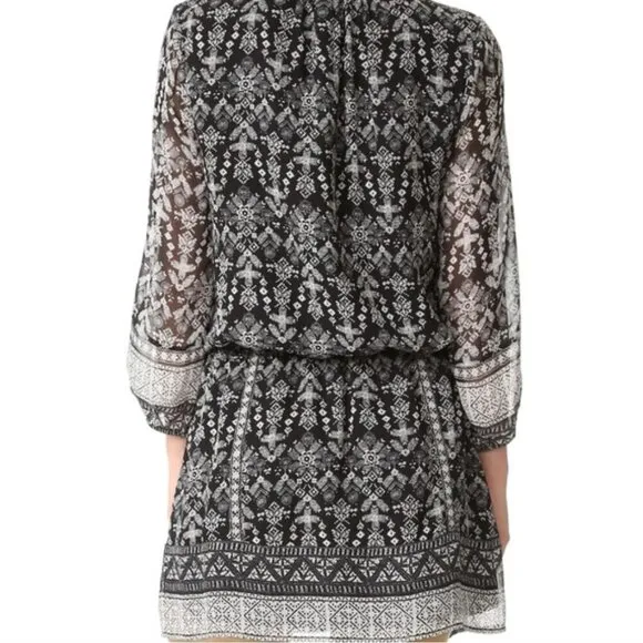 Joie Galene Black White Grey Print 100% Silk Blouson Mini Dress XXS