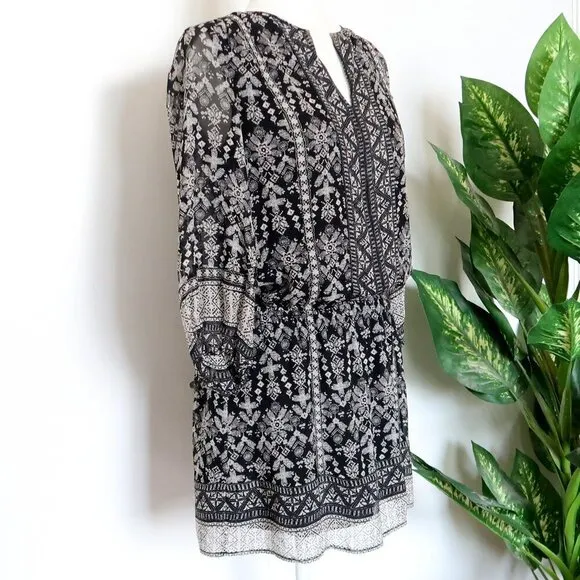 Joie Galene Black White Grey Print 100% Silk Blouson Mini Dress XXS