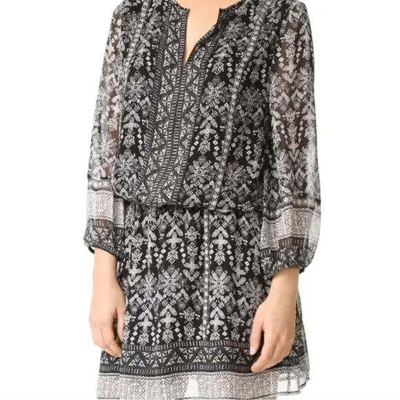Joie Galene Black White Grey Print 100% Silk Blouson Mini Dress XXS