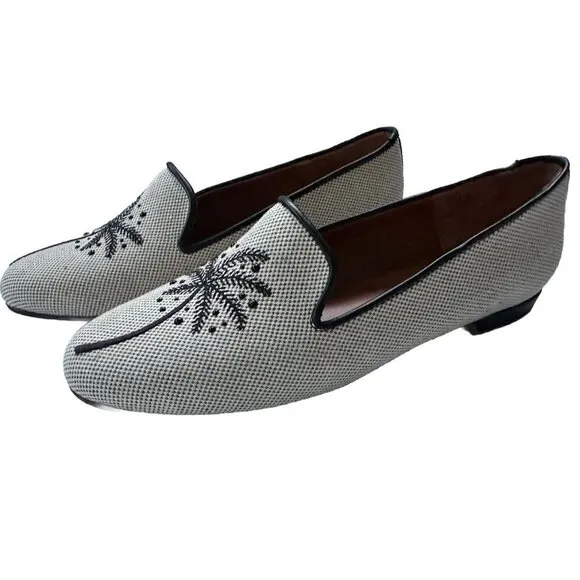 Jon Josef Women’s Palm Tree Embroidery Natural Linen Loafer Flat-New Size 7.5
