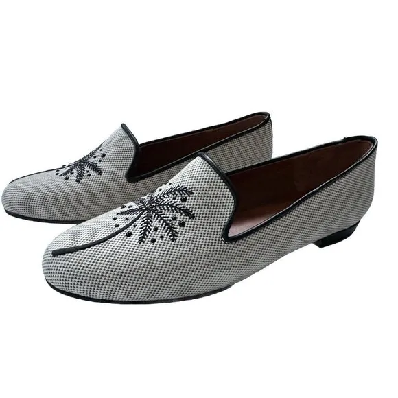 Jon Josef Women’s Palm Tree Embroidery Natural Linen Loafer Flat-New Size 7.5