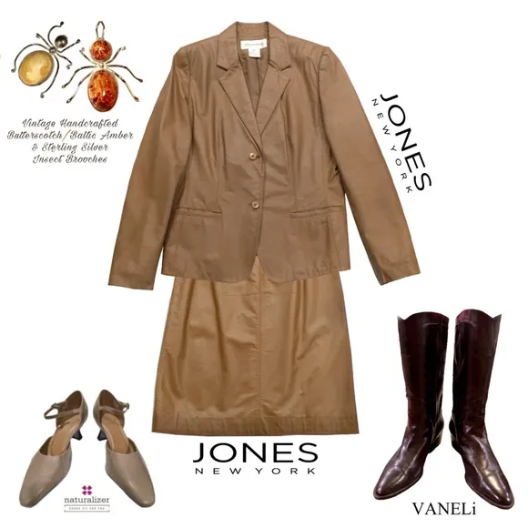 Jones New York Leather Suit Jacket   Skirt, Camel, Sz 10 Beautiful Condition