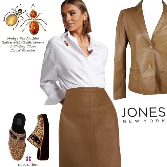 Jones New York Leather Suit Jacket   Skirt, Camel, Sz 10 Beautiful Condition