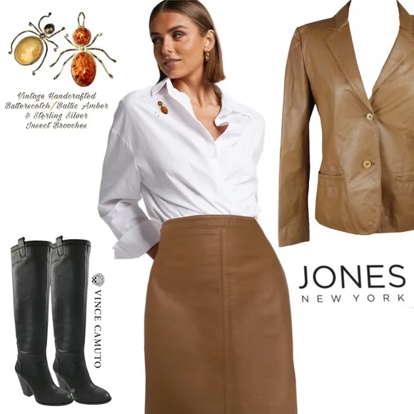 Jones New York Leather Suit Jacket   Skirt, Camel, Sz 10 Beautiful Condition