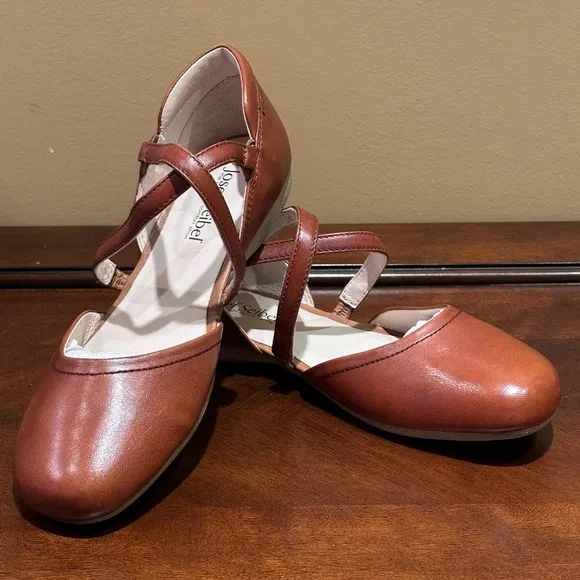 Josef Seibel Ballerina Flats with Cross Straps Brown Leather, US Size 6, EU 37