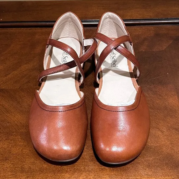 Josef Seibel Ballerina Flats with Cross Straps Brown Leather, US Size 6, EU 37