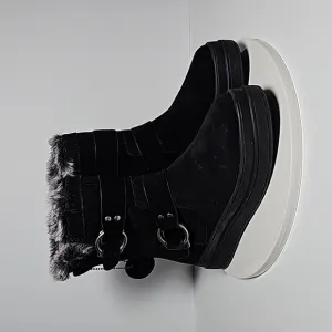 J/Slides Nelly Boots Moto Fur-Lined Waterproof Leather Faux Fur Buckles Black 7