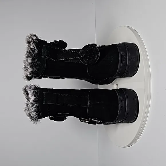 J/Slides Nelly Boots Moto Fur-Lined Waterproof Leather Faux Fur Buckles Black 7