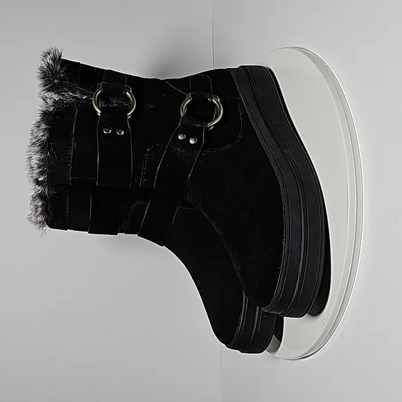 J/Slides Nelly Boots Moto Fur-Lined Waterproof Leather Faux Fur Buckles Black 7