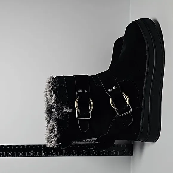 J/Slides Nelly Boots Moto Fur-Lined Waterproof Leather Faux Fur Buckles Black 7