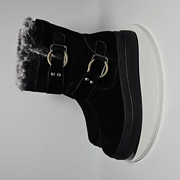 J/Slides Nelly Boots Moto Fur-Lined Waterproof Leather Faux Fur Buckles Black 7