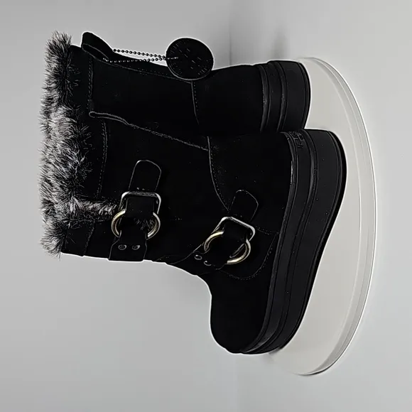 J/Slides Nelly Boots Moto Fur-Lined Waterproof Leather Faux Fur Buckles Black 7