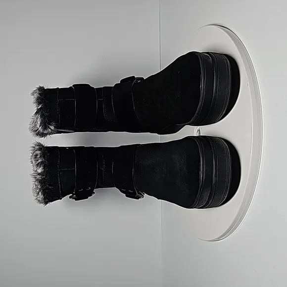 J/Slides Nelly Boots Moto Fur-Lined Waterproof Leather Faux Fur Buckles Black 7