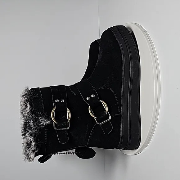 J/Slides Nelly Boots Moto Fur-Lined Waterproof Leather Faux Fur Buckles Black 7