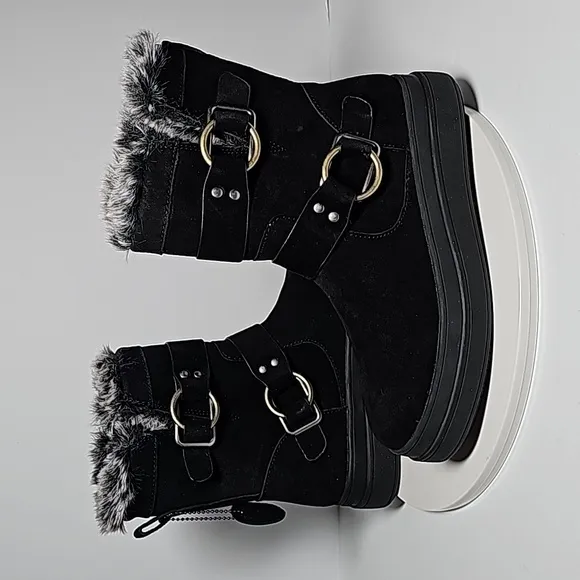 J/Slides Nelly Boots Moto Fur-Lined Waterproof Leather Faux Fur Buckles Black 7