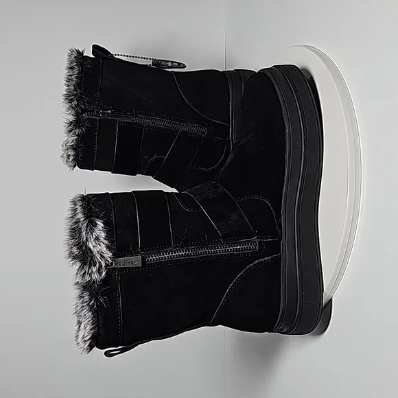 J/Slides Nelly Boots Moto Fur-Lined Waterproof Leather Faux Fur Buckles Black 7