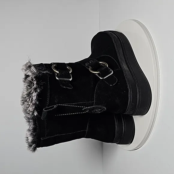 J/Slides Nelly Boots Moto Fur-Lined Waterproof Leather Faux Fur Buckles Black 7