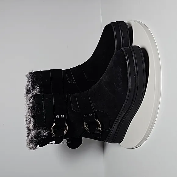 J/Slides Nelly Boots Moto Fur-Lined Waterproof Leather Faux Fur Buckles Black 7
