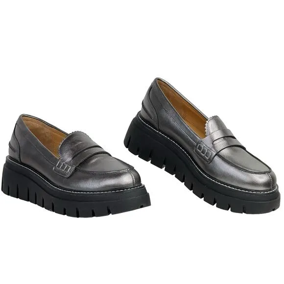 J/Slides Women’s Tyler Chunky Loafer Platform SZ 8.5 Silver Pewter Preppy NEW