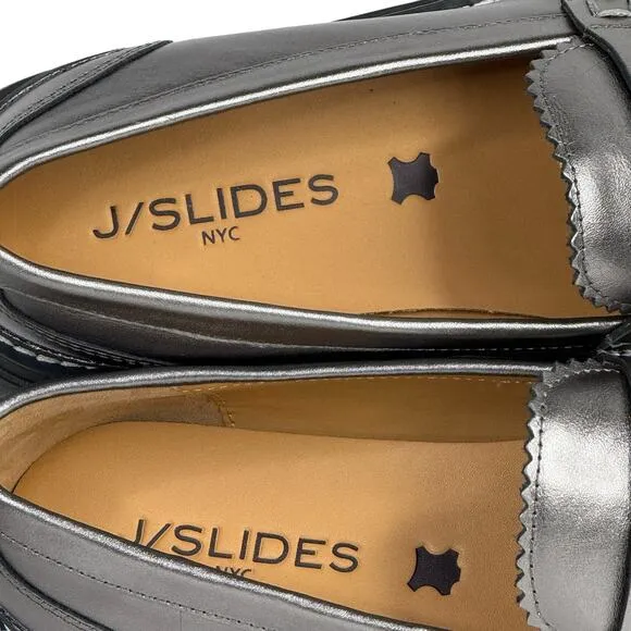J/Slides Women’s Tyler Chunky Loafer Platform SZ 8.5 Silver Pewter Preppy NEW