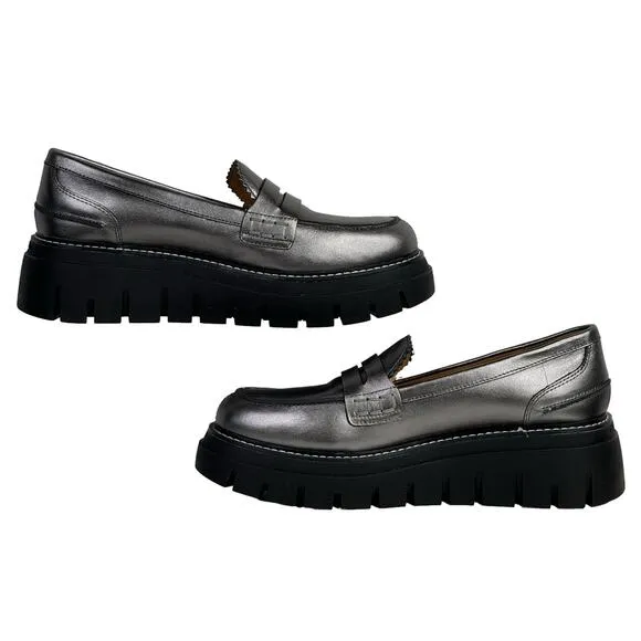 J/Slides Women’s Tyler Chunky Loafer Platform SZ 8.5 Silver Pewter Preppy NEW