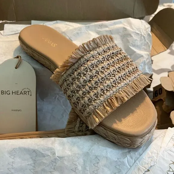 Kaanas Revolve Conchal Sandals Natural Tan Raffia Slip-On Square Toe Slide 8