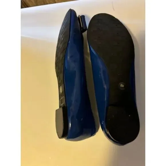 Kate Spade Blue Patent Leather Flats with Signature Bow and Gold Tags. Sz 8 NWT