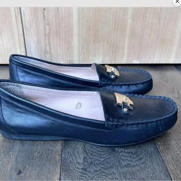 Kate Spade Carmen Black Leather Loafers Size 7.5 Gold Hardware Driving Flats