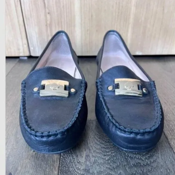Kate Spade Carmen Black Leather Loafers Size 7.5 Gold Hardware Driving Flats