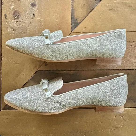 KATE SPADE Georgia Gold Glitter Loafers w/Bow Slip On Flats Shoes SIZE 6 EUC