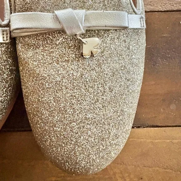 KATE SPADE Georgia Gold Glitter Loafers w/Bow Slip On Flats Shoes SIZE 6 EUC