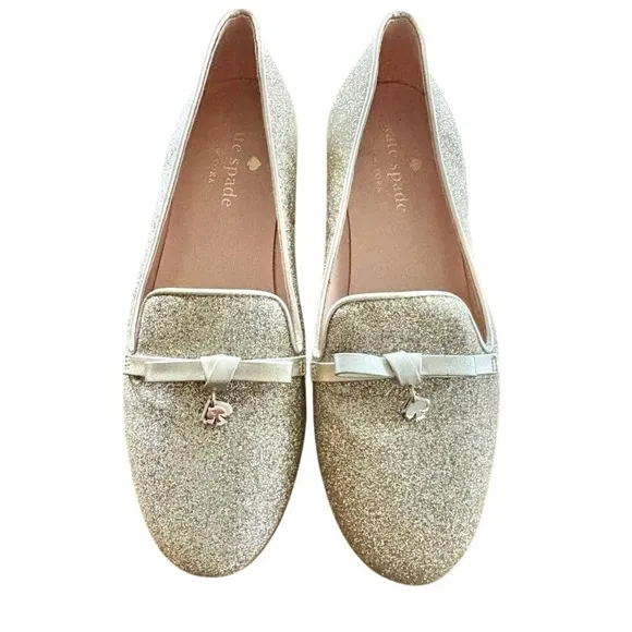 KATE SPADE Georgia Gold Glitter Loafers w/Bow Slip On Flats Shoes SIZE 6 EUC