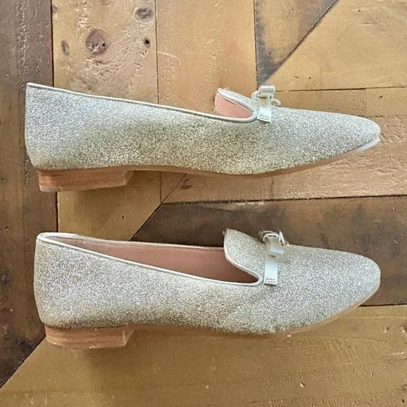 KATE SPADE Georgia Gold Glitter Loafers w/Bow Slip On Flats Shoes SIZE 6 EUC