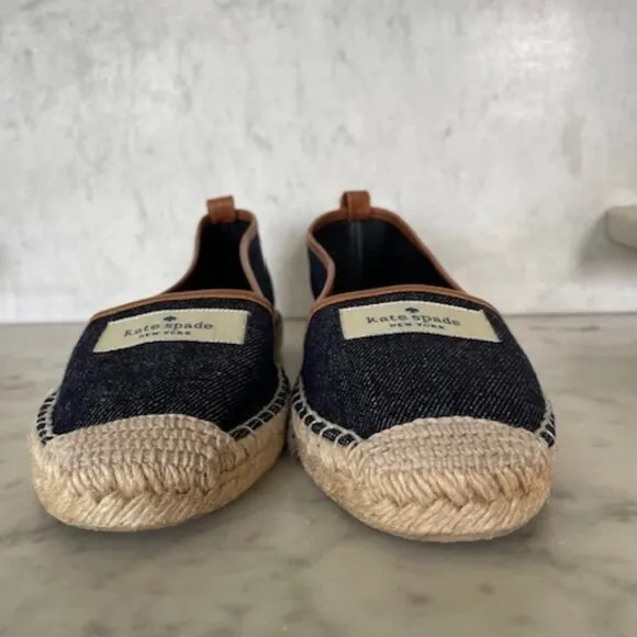 KATE SPADE Lara Denim Jute Leather Tab Espadrille Flat 7