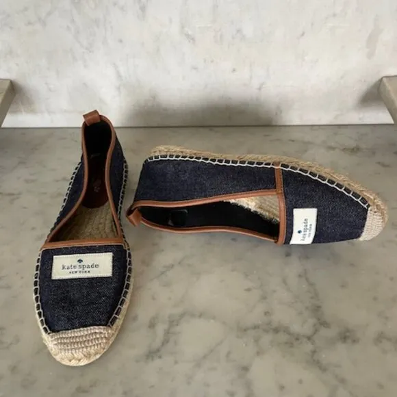 KATE SPADE Lara Denim Jute Leather Tab Espadrille Flat 7