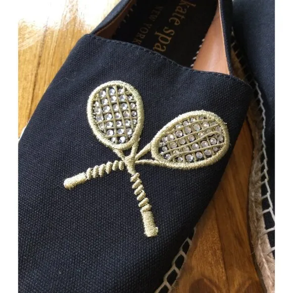 Kate Spade Tennis Racket Embroidered Jeweled Canvas Espadrilles Size 7.5 Shoes