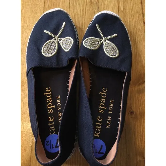 Kate Spade Tennis Racket Embroidered Jeweled Canvas Espadrilles Size 7.5 Shoes