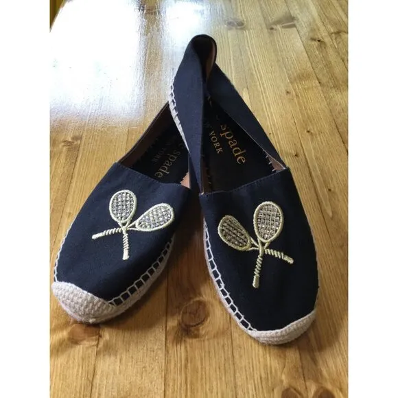 Kate Spade Tennis Racket Embroidered Jeweled Canvas Espadrilles Size 7.5 Shoes