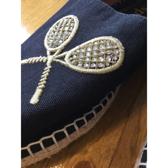 Kate Spade Tennis Racket Embroidered Jeweled Canvas Espadrilles Size 7.5 Shoes