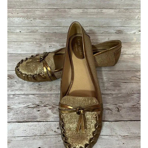 Kate Spade Women Gold Leather Loafers Size 8
