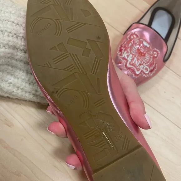 Kenzo Tiger Leather Embroidered Accent Loafers Pink 38.5 EU