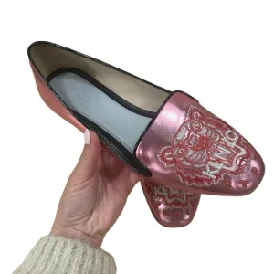 Kenzo Tiger Leather Embroidered Accent Loafers Pink 38.5 EU