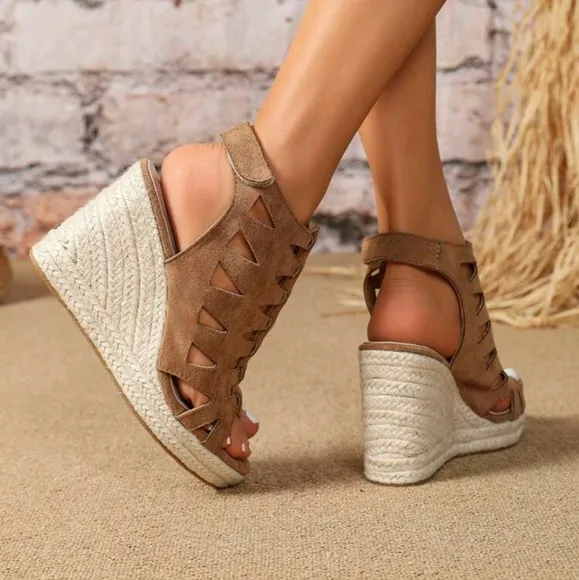 Khaki Women Wedge &amp; Platform Espadrille Sandals With Deep Toe Opening And Laser