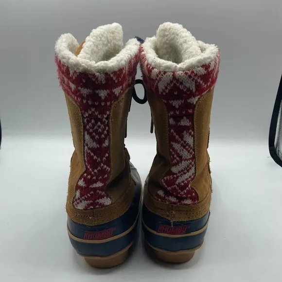 Khombu Vail Duck Boots Brown Suede Sherpa Lined Red White Knit Snowflake…