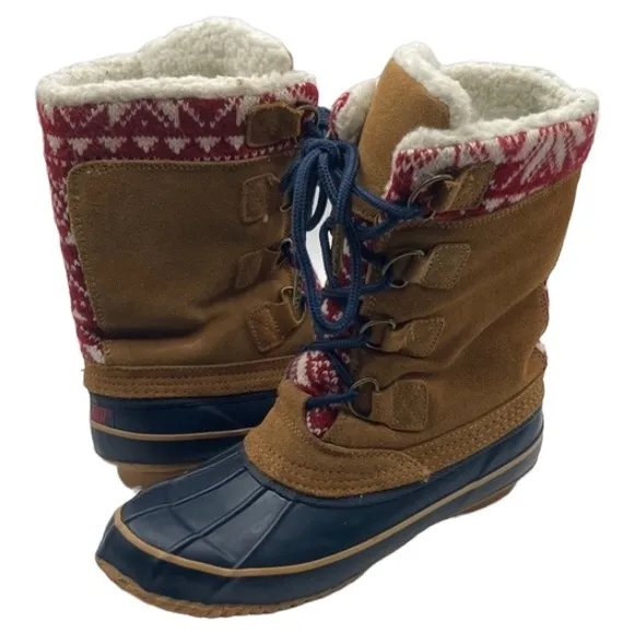 Khombu Vail Duck Boots Brown Suede Sherpa Lined Red White Knit Snowflake…
