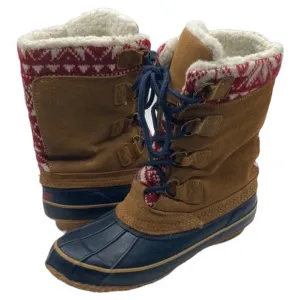 Khombu Vail Duck Boots Brown Suede Sherpa Lined Red White Knit Snowflake…