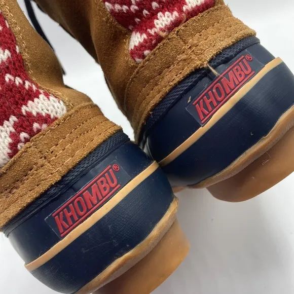 Khombu Vail Duck Boots Brown Suede Sherpa Lined Red White Knit Snowflake…
