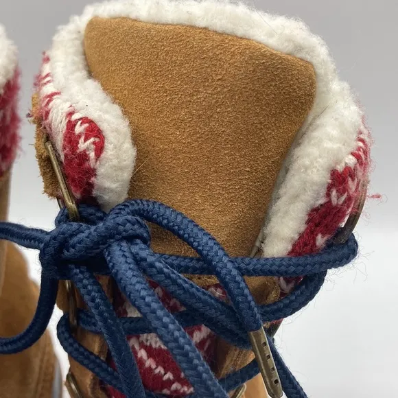 Khombu Vail Duck Boots Brown Suede Sherpa Lined Red White Knit Snowflake…
